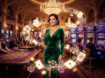 Marangyang lobby ng PH178 casino na nagtatampok ng arkitektura ng bronze temple at mga golden slot machine